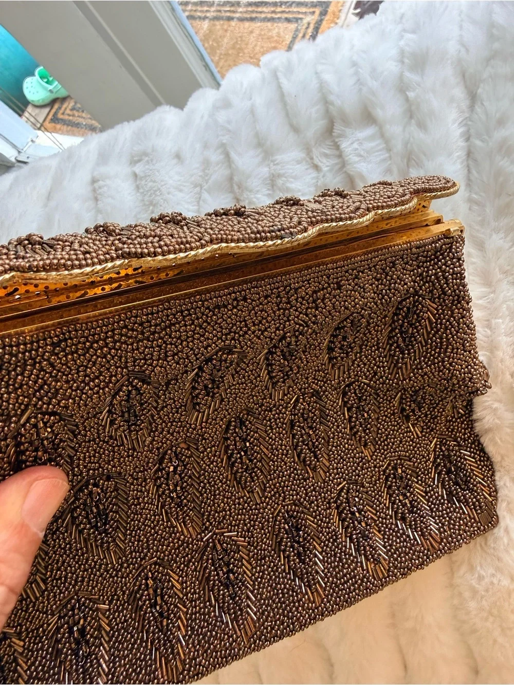 Vintage Bronze Beaded Handbag with Gold Trim - Women's Evening Bag